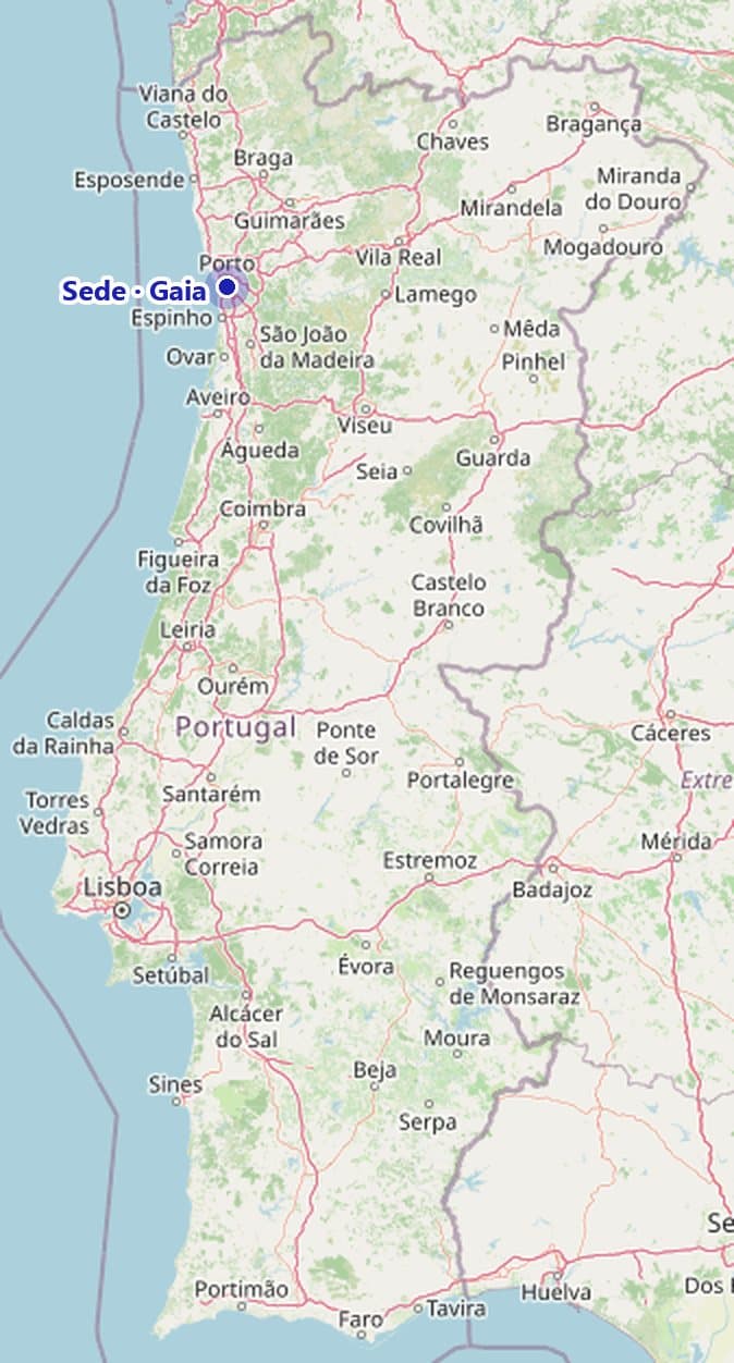 Mapa de Portugal continental com a sede da Véu Luminoso em Vila Nova de Gaia assinalada